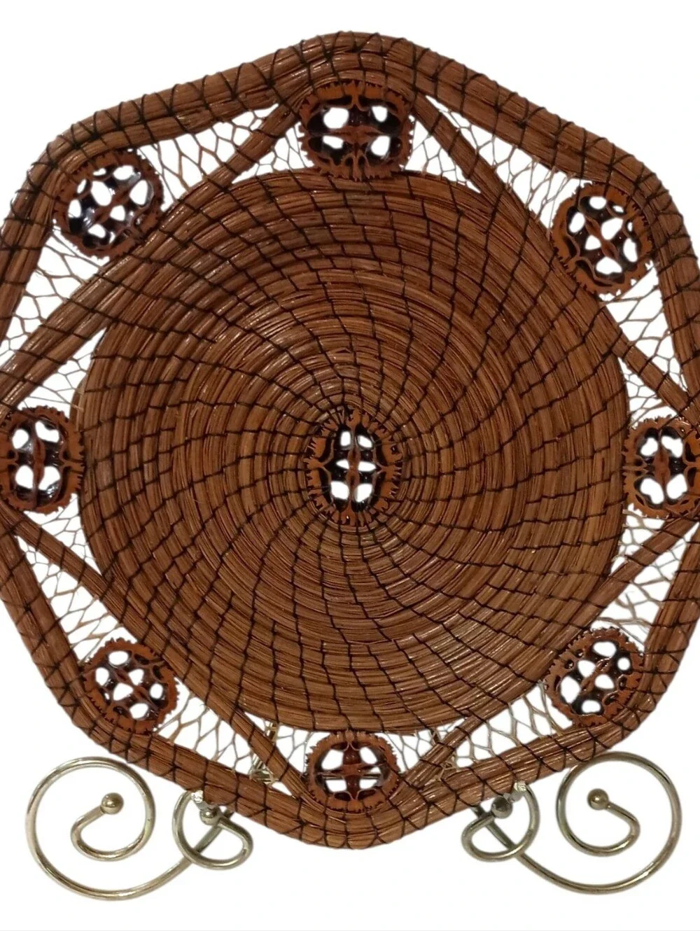 Vintage Long Pine Needle Basket Walnut Slice Inserts Coiled Folk Art Hand Woven
